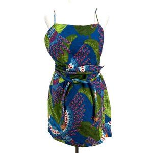 Farm Rio Macaw Print Linen Mini Wrap Dress NWT Blue Women's Medium
